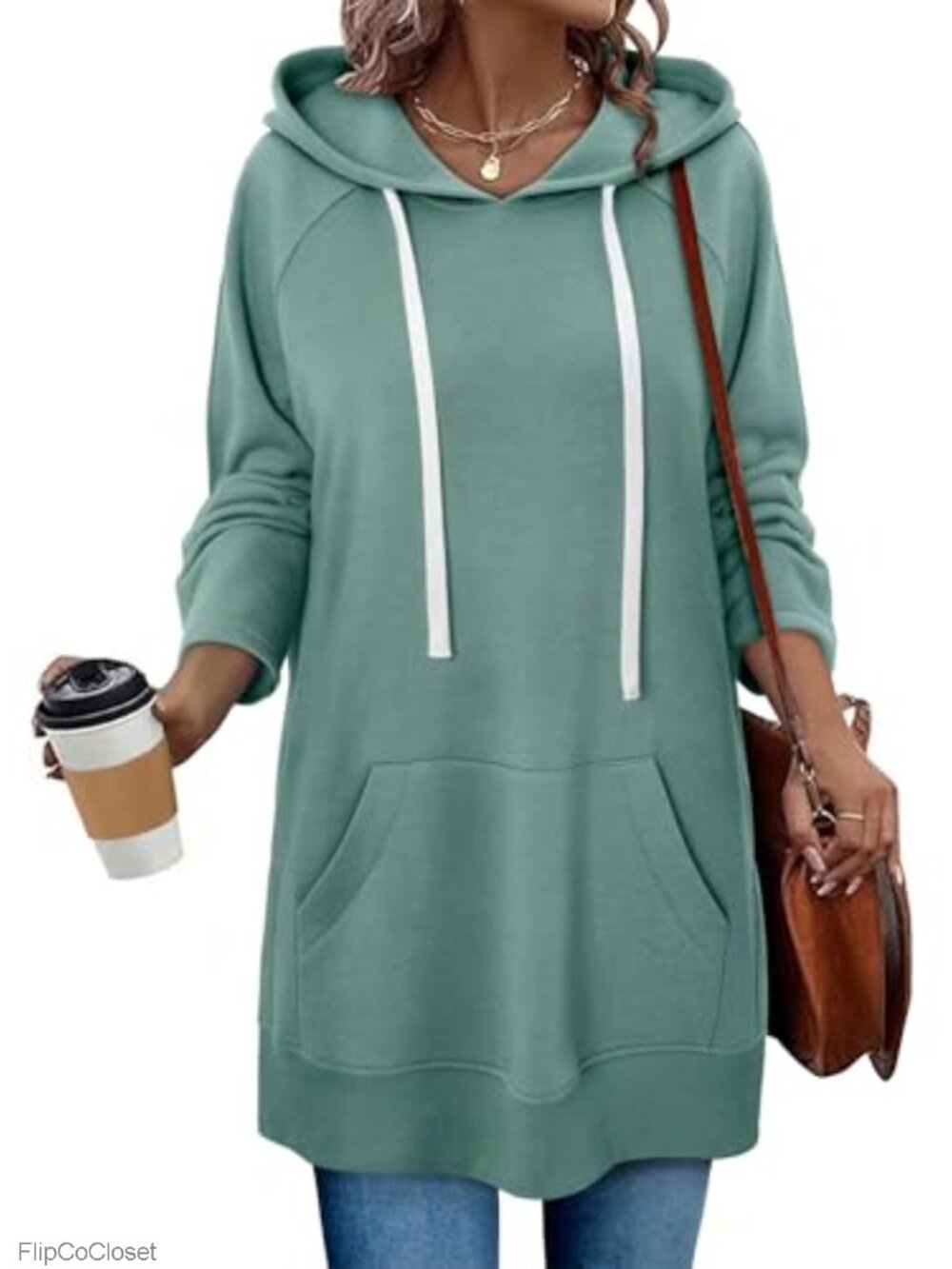 Oversized Split Hem Hoodie Dress Kangaroo Pocket Cotton Polyester